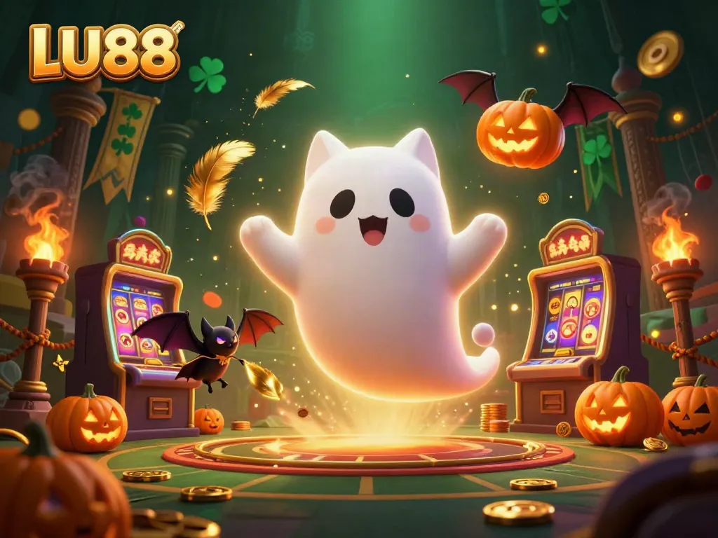 Experience exciting games at LU88 with a friendly ghost cat and vibrant casino elements.