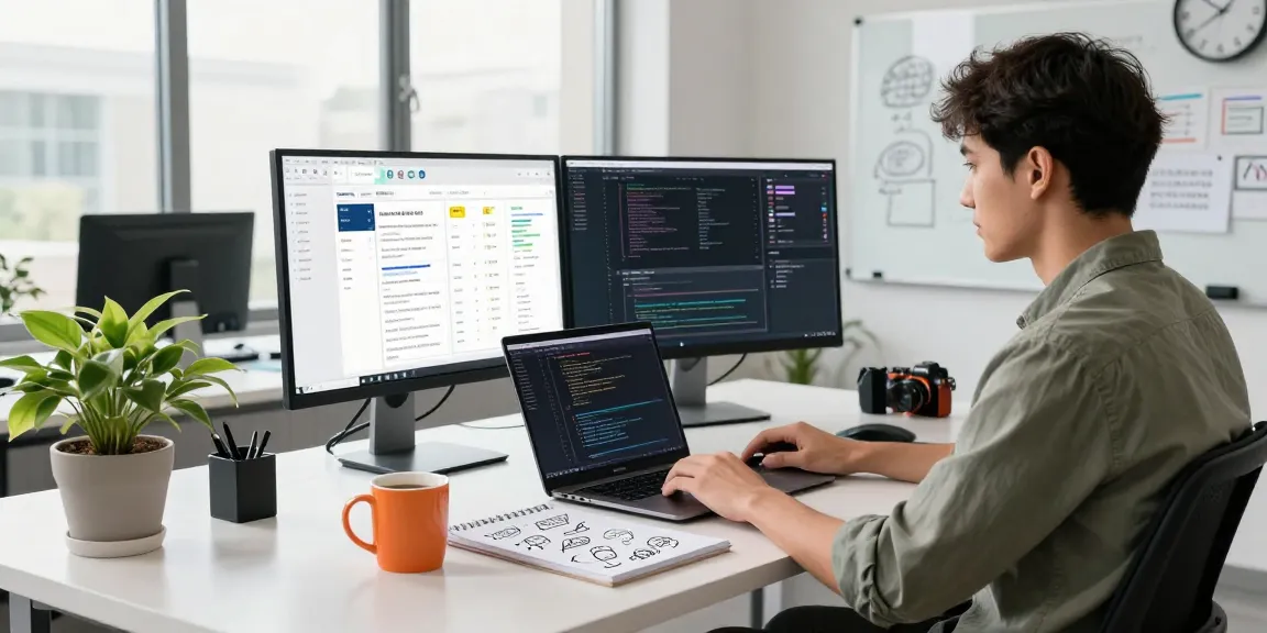 Build internal tools with AI in a modern workspace, showing a developer coding with dual monitors and creative setup.