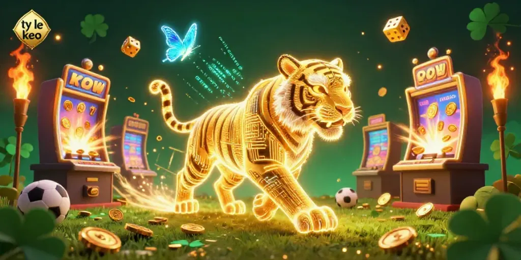 Engage with ty le keo in a vibrant scene of sports betting with golden tiger energy and dynamic game elements.