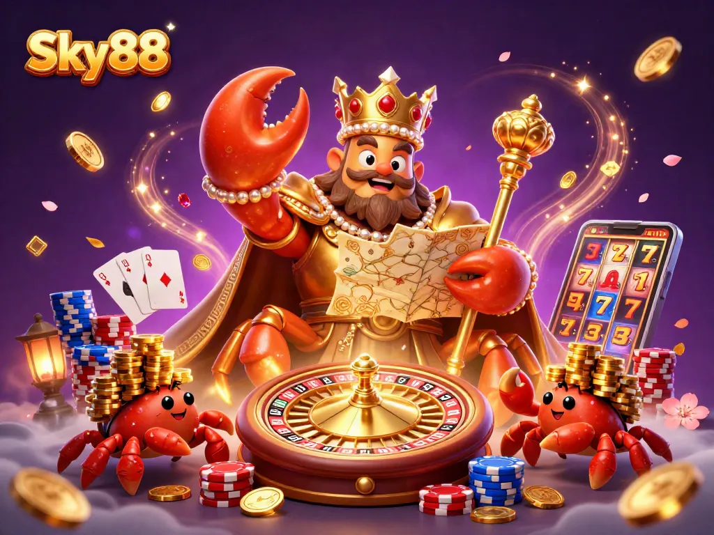 Engage in thrilling gameplay at Sky88 with shiny coins, vibrant cards, and a golden crab emperor.