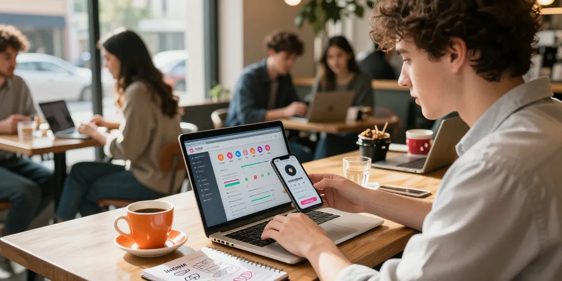 Instagram Follower kaufen: Digital Marketer analysiert Follower-Wachstum im modernen Café.