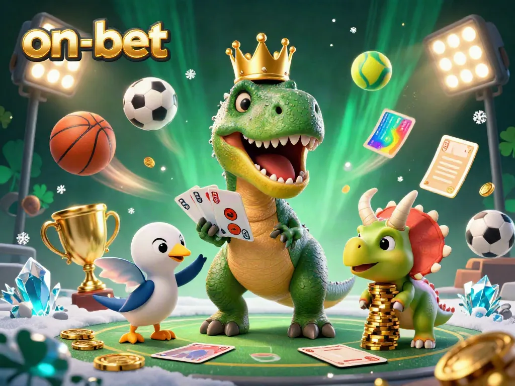Experience the dynamic action of on-bet with T-Rex shuffling cards while sports elements fly around.