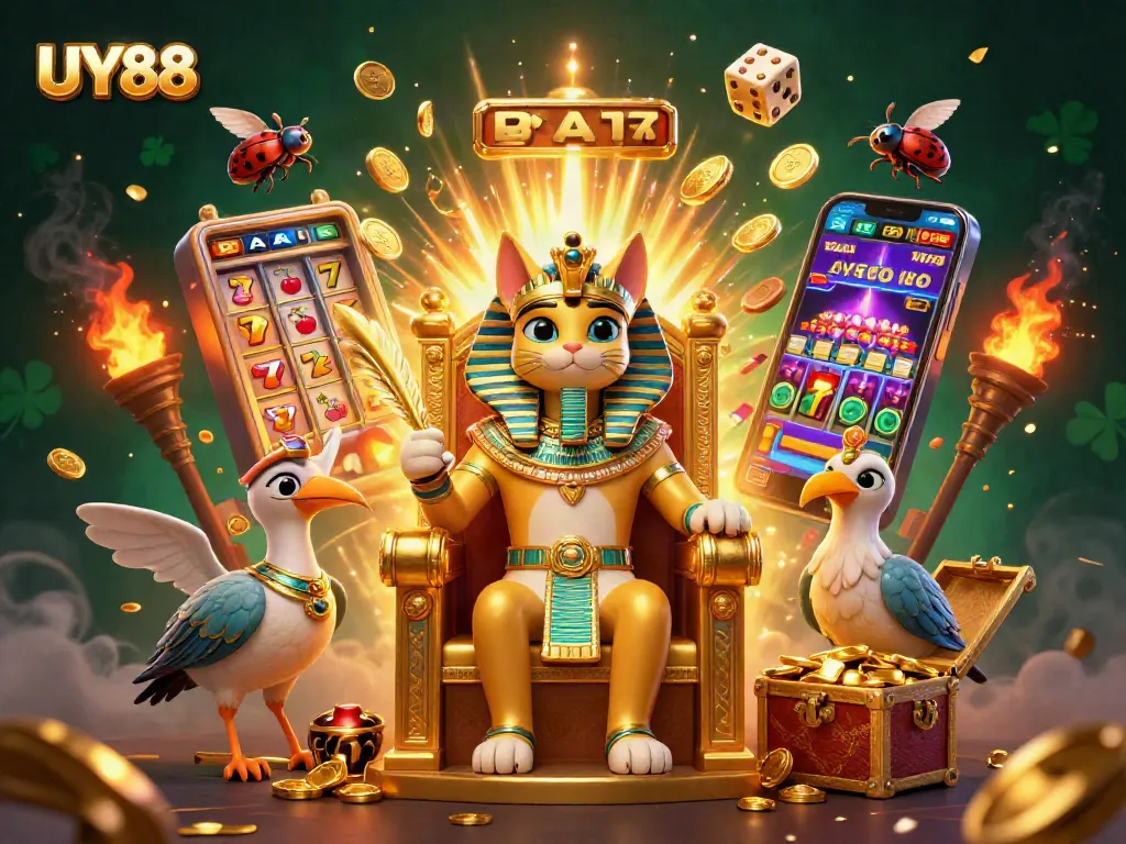 Spin and win at UY88 with a vibrant 3D casino scene featuring epic slot machines and energetic characters.
