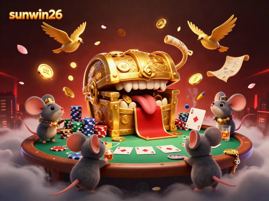 Engage in thrilling poker strategies at sunwin26, featuring a rich 3D treasure chest surrounded by vibrant casino elements.