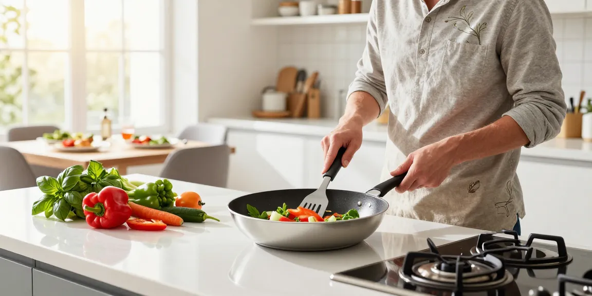 Kochen mit einer PTFE-freien Pfanne, die frisches Gemüse und gesundes Kochen in einer hellen Küche zeigt.