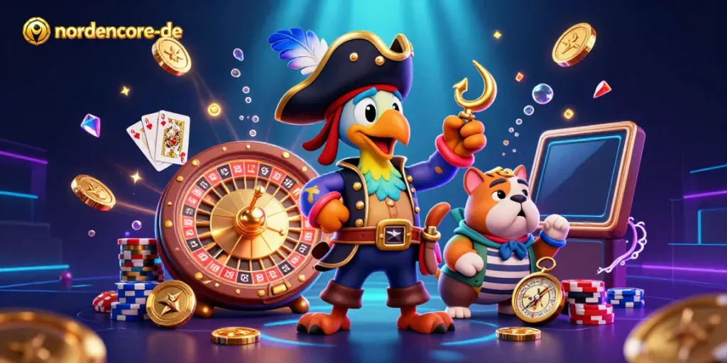Experience excitement with nordencore-de as a cartoon pirate and friends explore digital casino treasures.