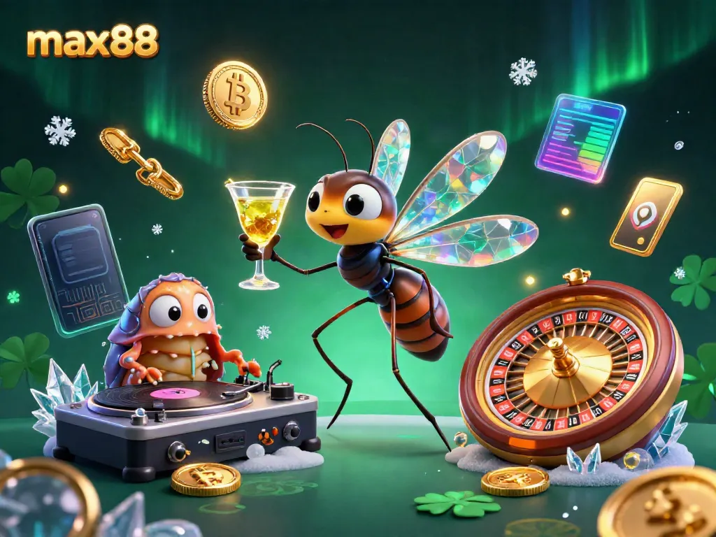 Experience max88's gaming thrills with a 3D casino mascot and vibrant cryptocurrency elements.