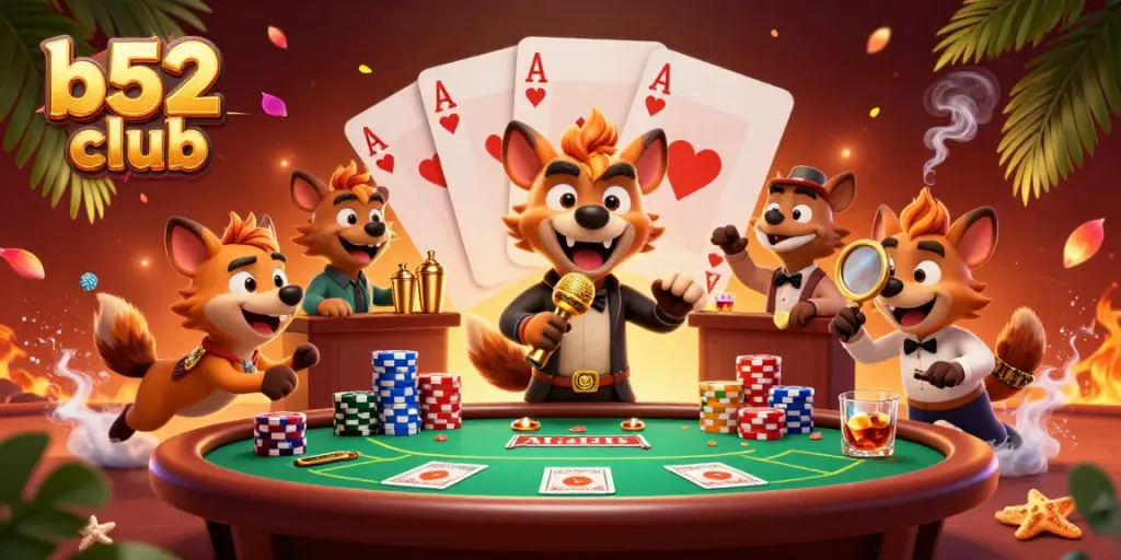B52 club features hyenas running a vibrant casino with games and cocktails, capturing a lively atmosphere.