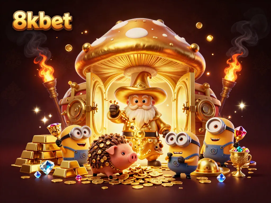 Play and win at 8kbet with golden treasures in a vibrant casino-themed illustration.