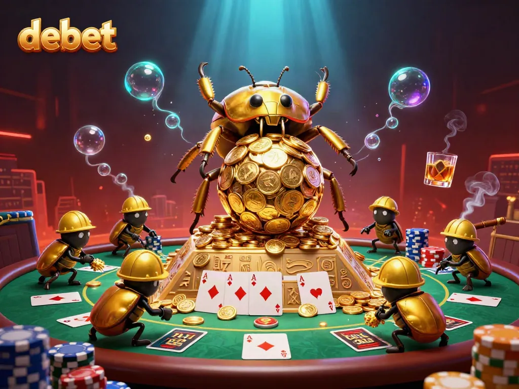 Experience thrilling gaming at debet with golden coins and poker elements in a vibrant scene