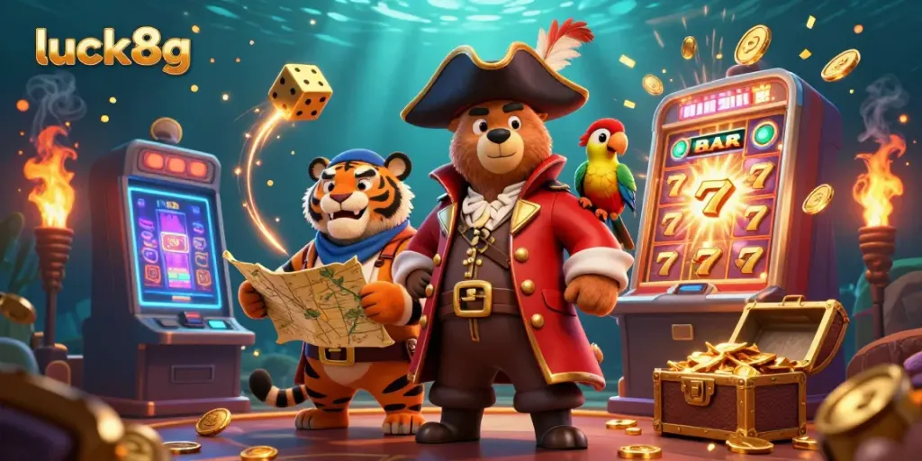 Experience excitement at luck8g with dynamic characters and a colorful casino scene featuring a jackpot explosion.