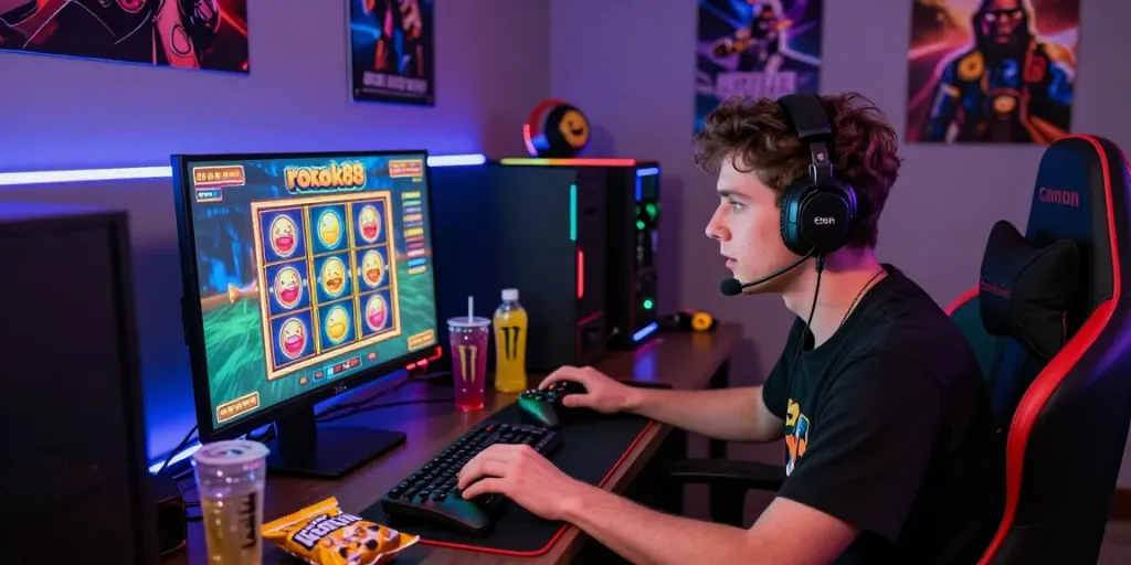 Exciting rokok88 gaming scene with colorful slots, snacks, and energy drinks.