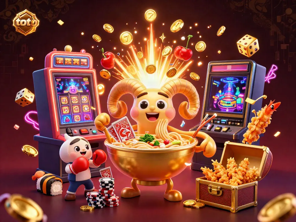 Toto-themed casino illustration featuring a giant ramen bowl dealer with slot machine rewards and vibrant game elements.