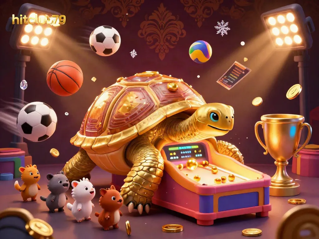 Engage with hitclub79's exciting pinball-themed casino scene featuring a golden tortoise and dynamic sports elements.