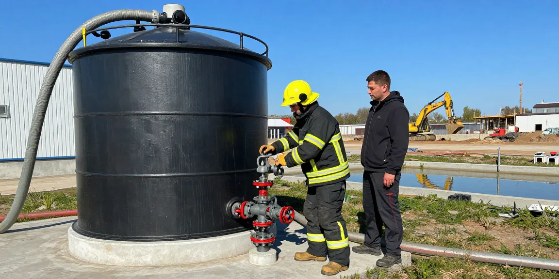 Löschwasserzisterne mieten für langfristige Brandschutzlösungen mit Feuerwehr und Bauarbeitern in Aktion.