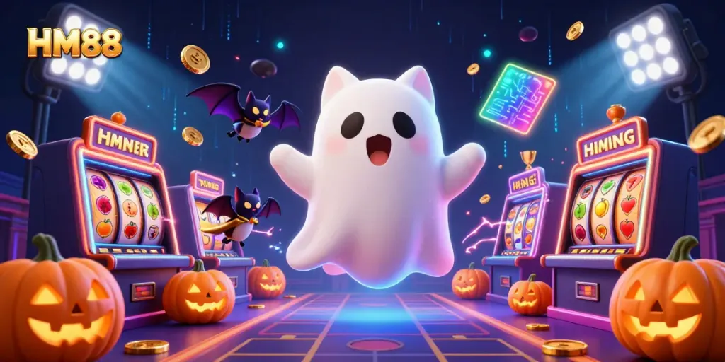 Engage with HM88 slots featuring ghost cat and vampire bat in a vibrant casino scene.