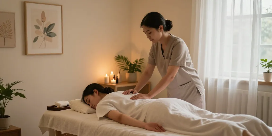 지지베출장 therapist delivering a soothing massage in a serene home spa environment with calming decorations and soft lighting.