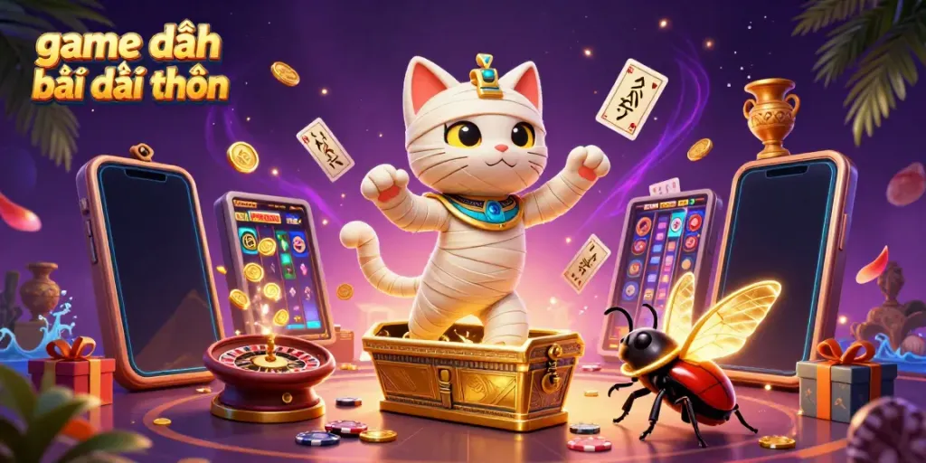 Play thrilling game đánh bài đổi thưởng in a vibrant pyramid casino scene full of exciting slots and wins.
