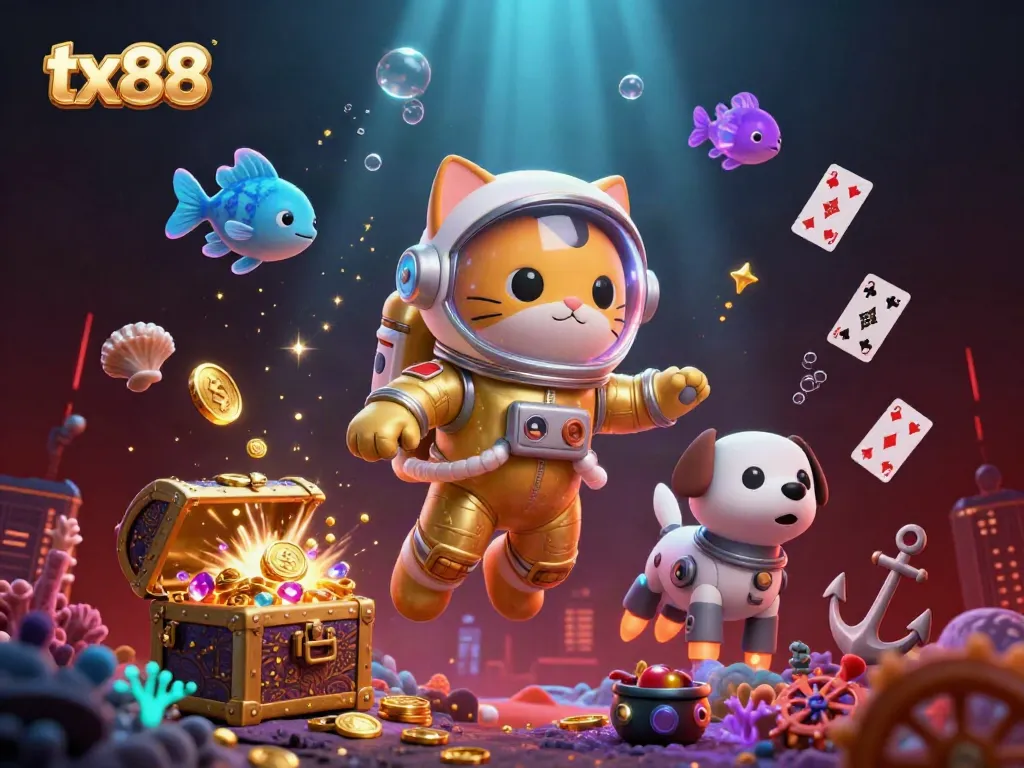 Experience the vibrant gold-winning moments at tx88 with a thrilling casino scene featuring an astronaut cat in zero gravity.