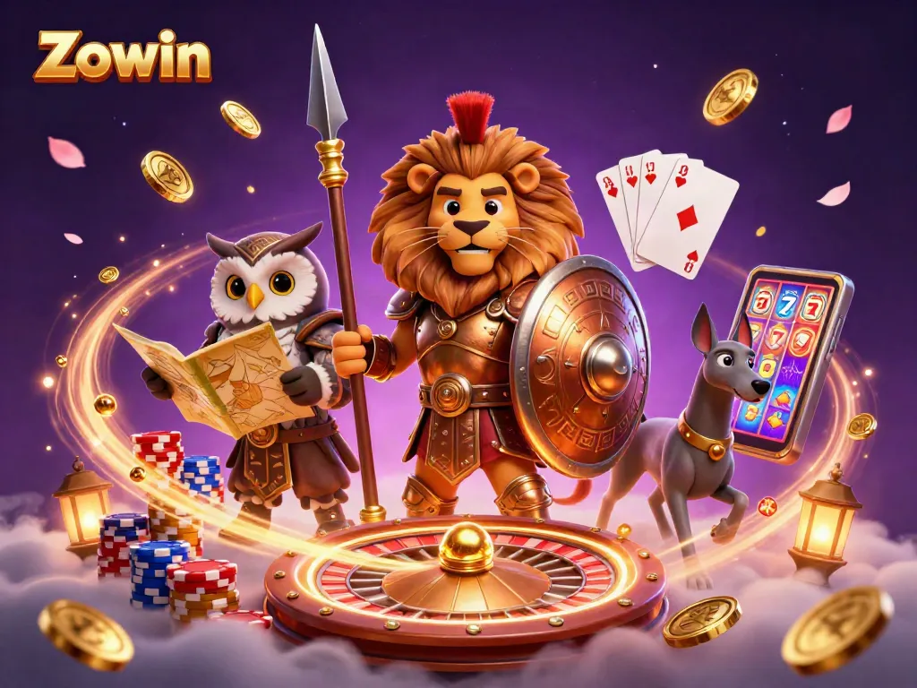 Zowin captivates players with a richly detailed scene of a Spartan lion, owl, and greyhound amidst casino excitement.