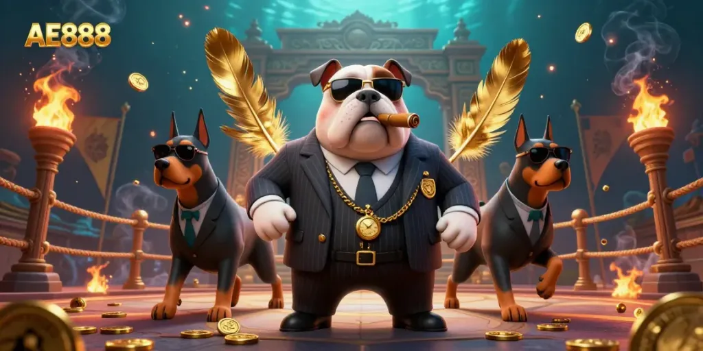 Engage in thrilling AE888 casino action with a mafia bulldog and Doberman bodyguards surrounded by vibrant betting elements.