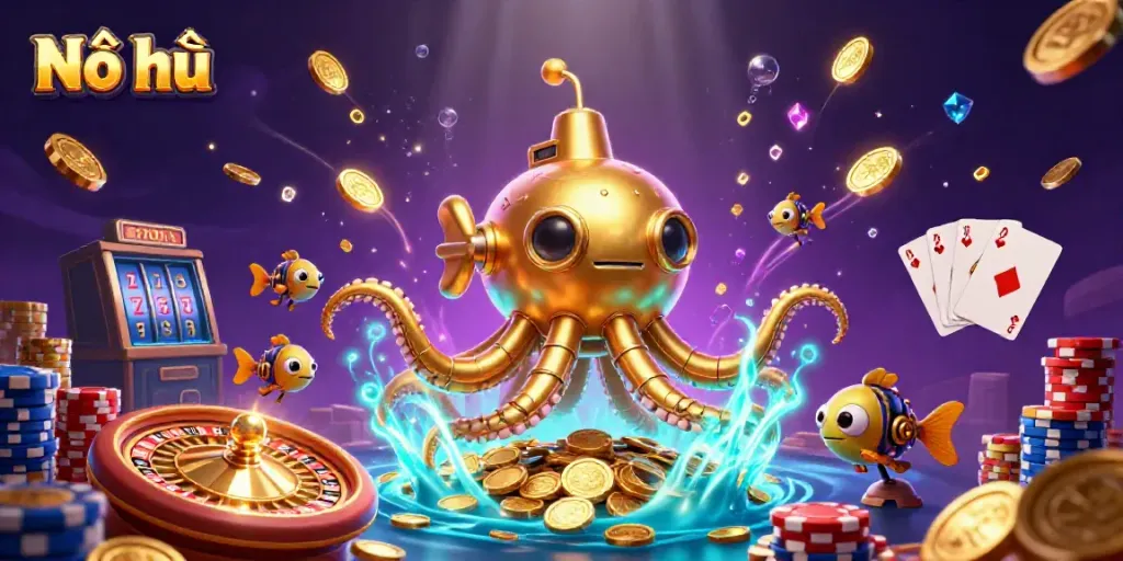 Nổ hũ promotes exciting online casino gaming with a golden kraken submarine amid a sea of coins.