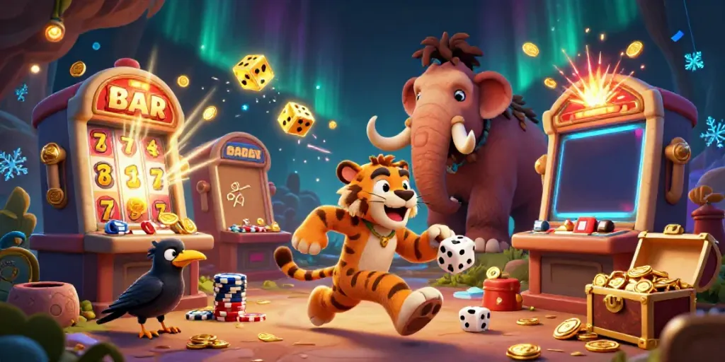 Engage in thrilling SC88 gaming with a vibrant prehistoric casino scene featuring energetic characters and colorful symbols.