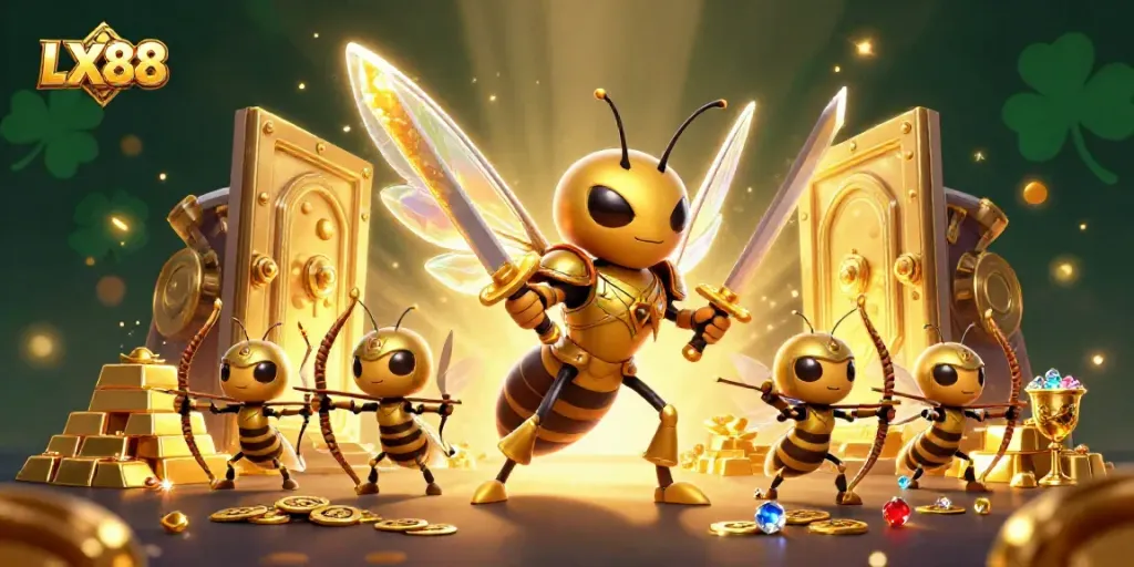 Engage with LX88's vibrant casino scene featuring a golden hornet warrior and treasure.