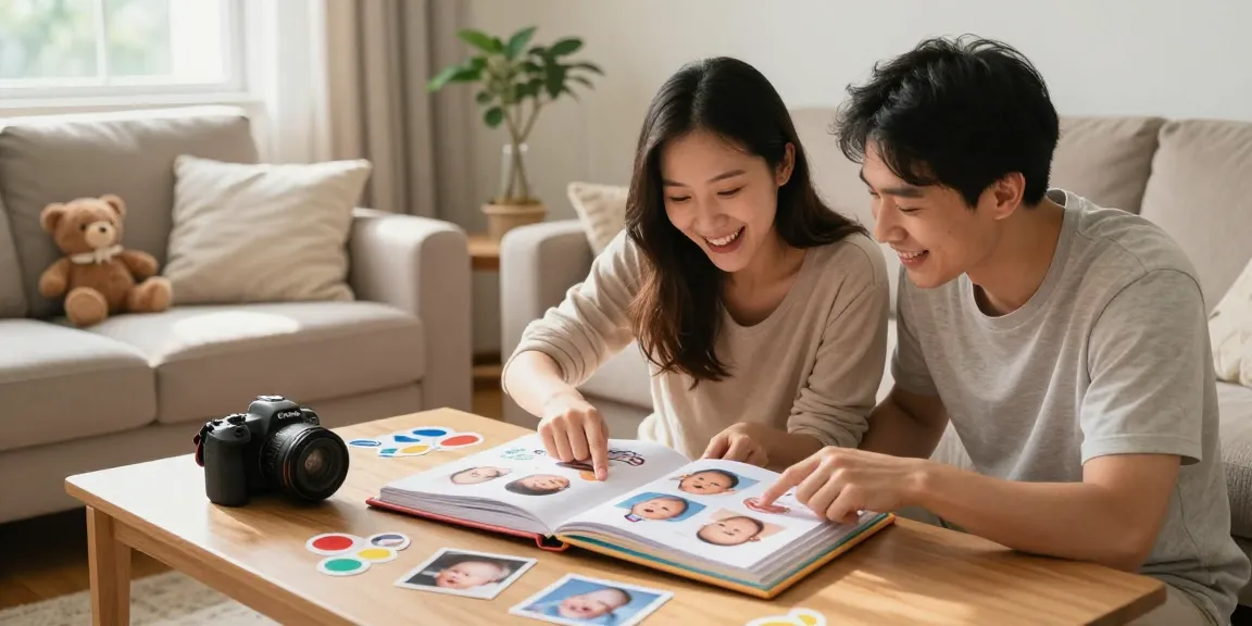 Eltern gestalten fröhlich gemeinsam ein Babyalbum und halten Erinnerungen mit Babyalbum kaufen fest.