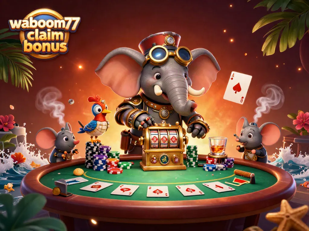 Spin the golden slot machine and claim your waboom77 bonus in this festive gaming scene.