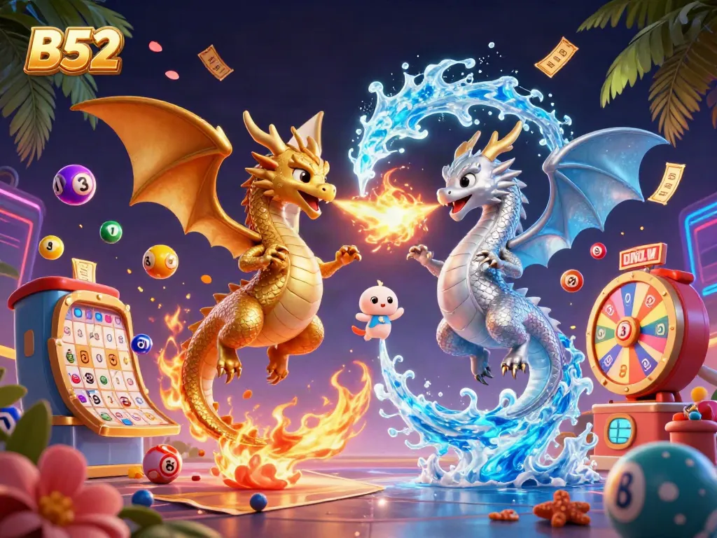 B52 showcases a dynamic scene with gold and silver dragons amidst colorful lottery elements for an exciting gaming experience.