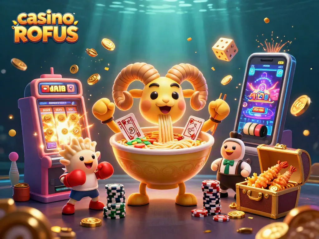 Experience fun at casino uden ROFUS with a vibrant 3D illustration featuring gaming characters and exciting elements.