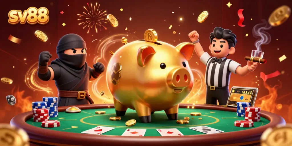 Experience thrilling action at sv88 with a vibrant illustration of a golden piggy bank sumo wrestler, coins flying everywhere as excitement builds.