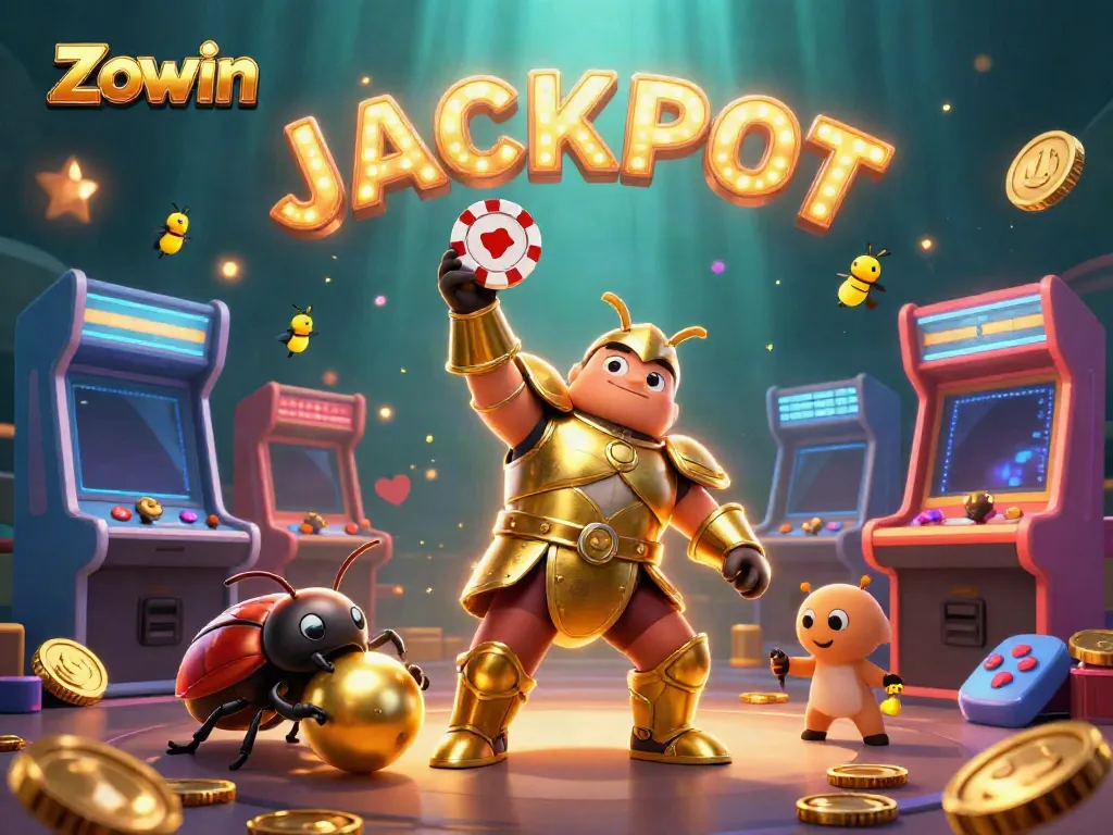 Zowin players triumphantly celebrate a jackpot with vibrant game machines and golden coins surrounding them.