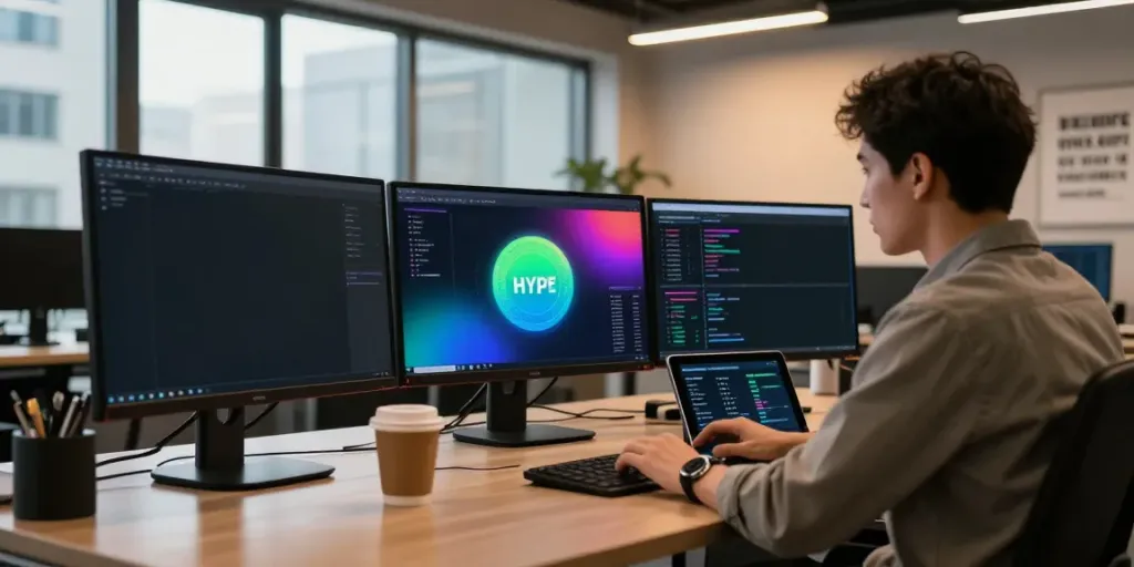 How to stake HYPE displayed on a high-tech finance dashboard in a modern digital workspace.