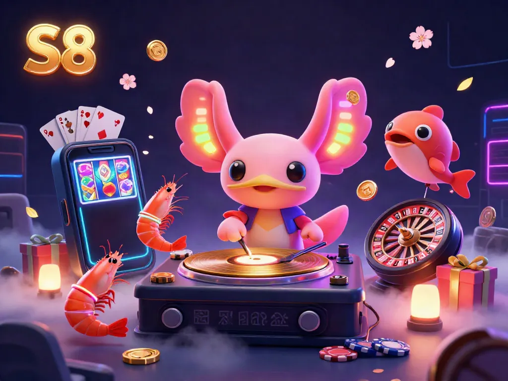 Experience the excitement at S8 with vibrant 3D casino elements, neon characters, and dynamic gameplay.
