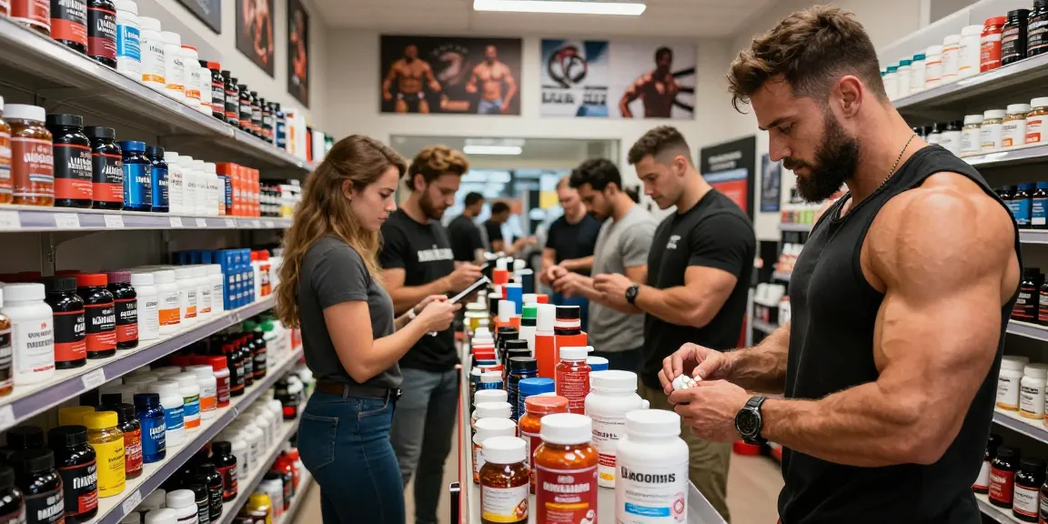 Anabolika Shop with fitness enthusiasts exploring original anabolic products, highlighting diverse selections and a vibrant atmosphere.