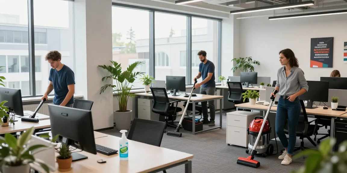Gebäudereinigung Düsseldorf – Professionelles Reinigungsteam in modernen Büros bei der Arbeit.