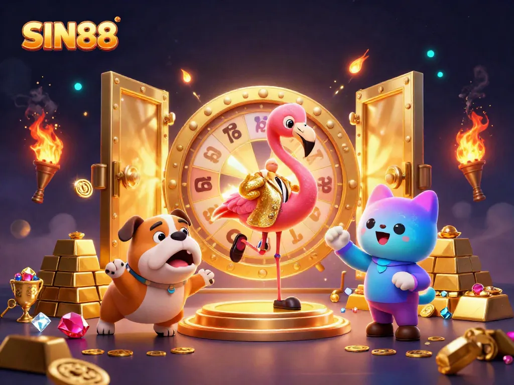 SIN88 showcases a vibrant game show atmosphere with a flamingo host, bulldog contestant, and prizes amidst golden treasures.