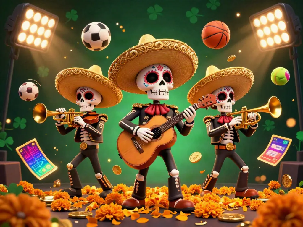 Experience the excitement of betting with xoilac as colorful mariachi skeletons harmonize around dynamic sports elements.