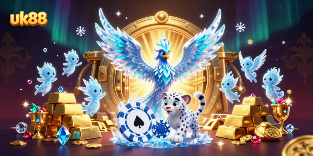 Experience exciting wins at uk88 with vibrant 3D casino-themed illustration featuring unique characters and treasures.