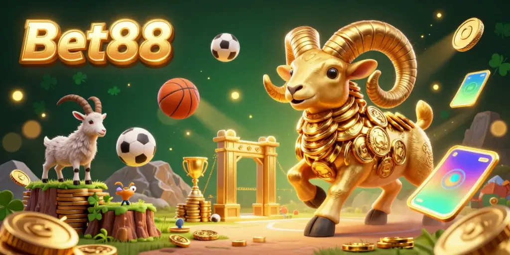 Bet88 brings excitement with a golden ram charging through a vibrant casino scene packed with sports elements.