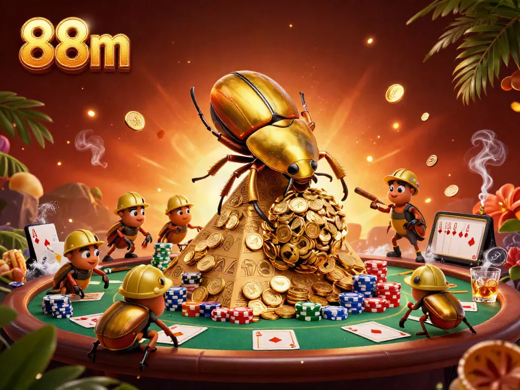 Win big with 88m online casino featuring golden dung beetles and lavish poker elements.