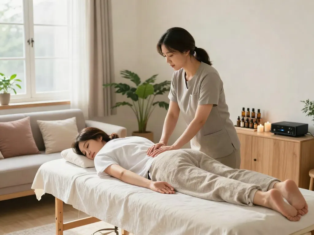 Enjoying a 강북출장마사지 in a serene home environment with a professional therapist.