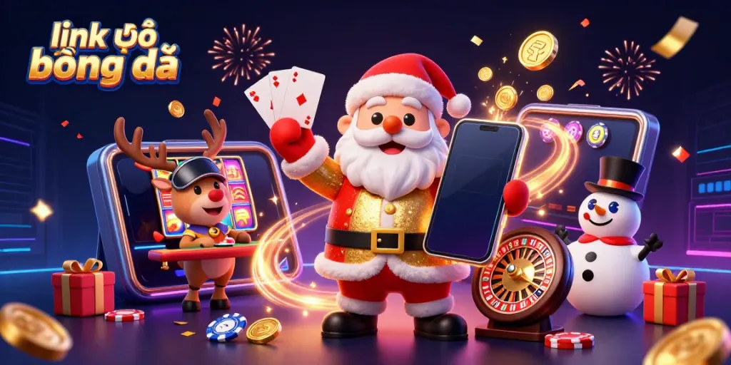 Engage with link vào kết quả bóng đá in a vibrant casino scene showcasing Santa, his reindeer, and snowman amidst dynamic gaming elements.