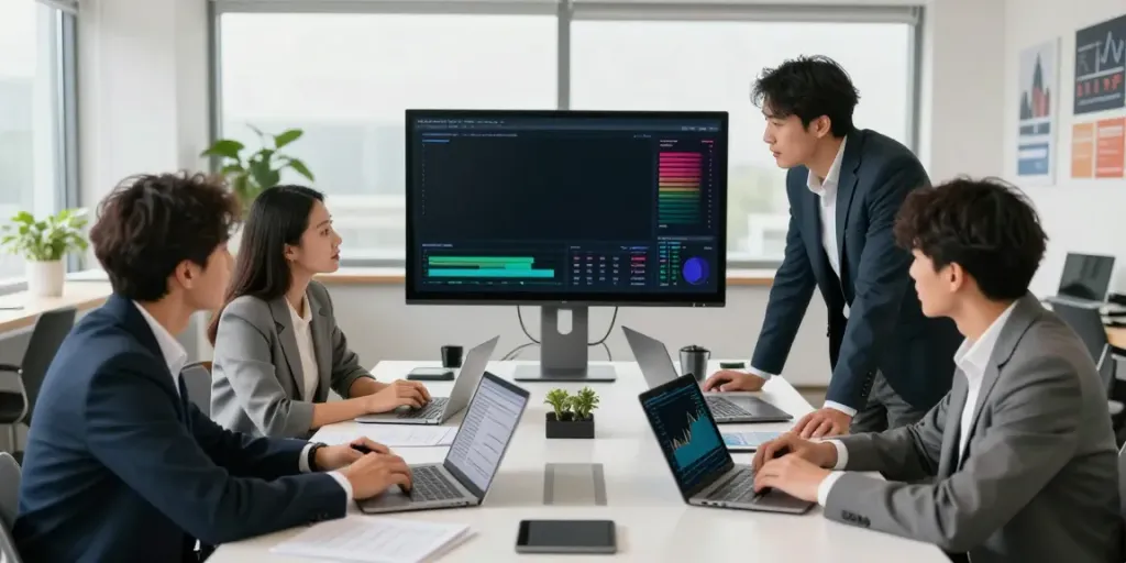 Equipe colaborando em um ambiente moderno, com foco na estratégia BPI Net Empresas e análise de dados.