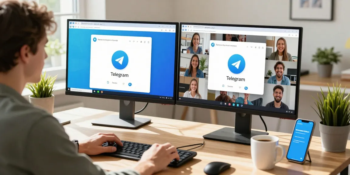 Accessing Telegram Web on a dual monitor setup in a modern home office, showcasing user connectivity and productivity.