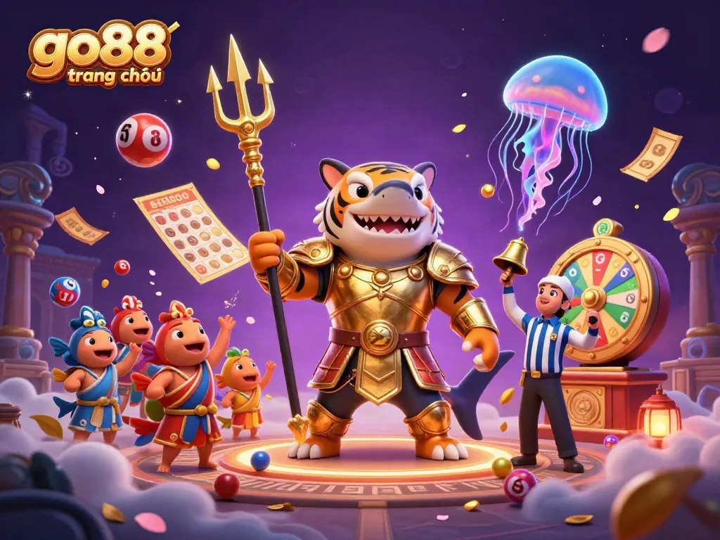 Join the excitement at go88 trang chủ with our vibrant underwater colosseum scene featuring incredible characters and dynamic game elements.