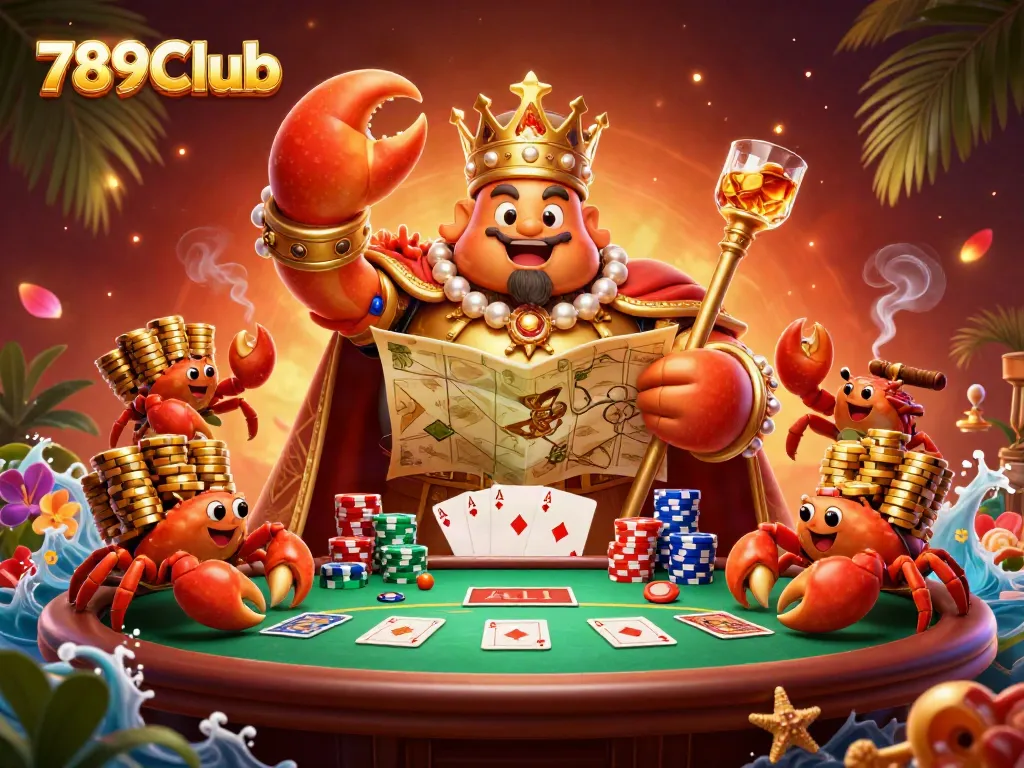 Engage in thrilling gameplay at 789Club with a cartoon crab emperor ruling over a colorful poker scene