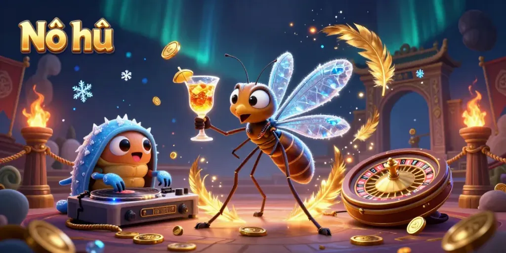 Nổ hũ casino game illustration featuring a frozen mosquito mascot, a trilobite DJ, and golden roulette wheel.